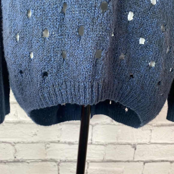 Maurice’s Womens Navy Blue Crochet Sweater Open Polka Dot Knot High Low Medium - Picture 4 of 12